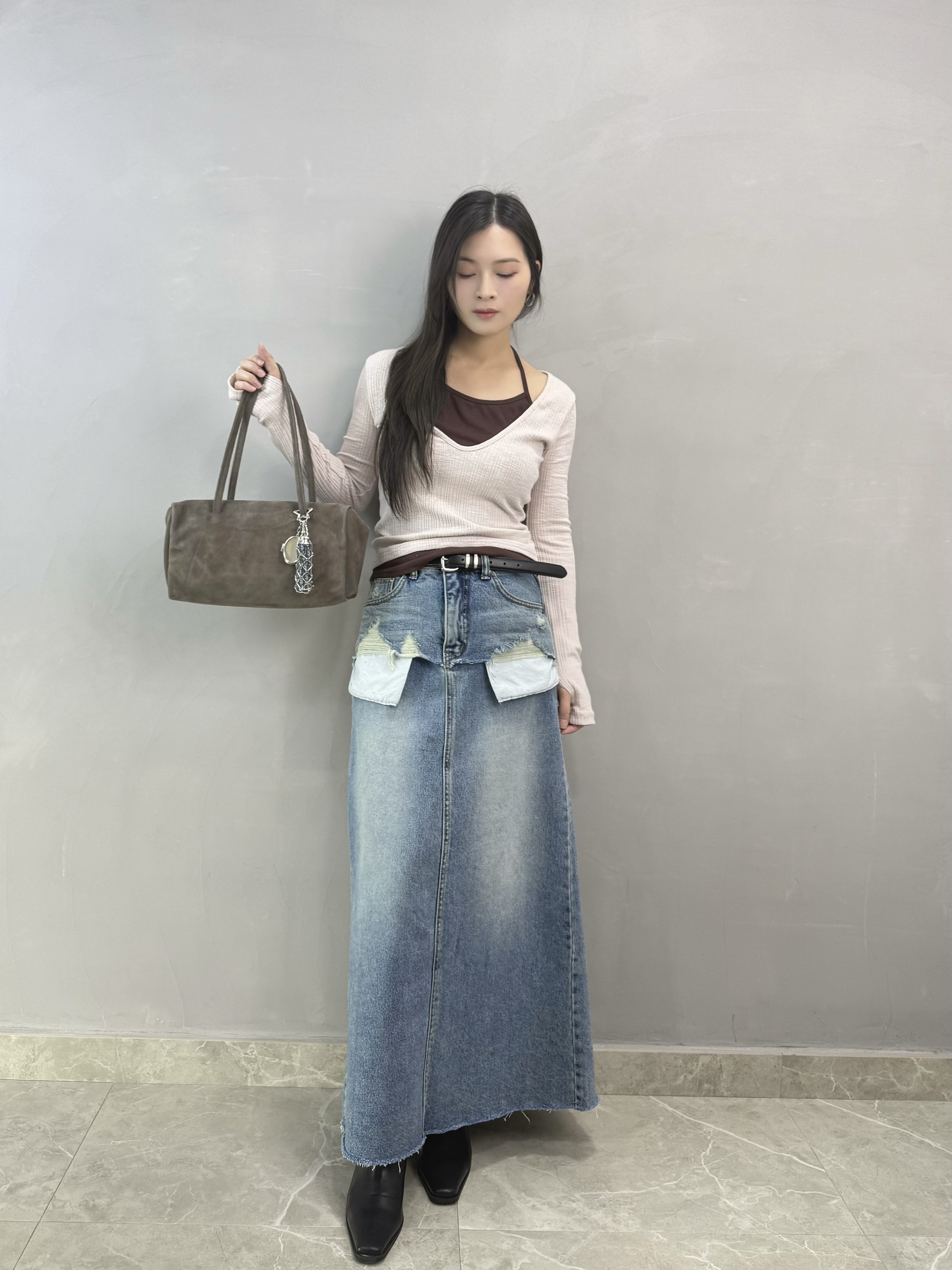 F21 拼色暗紋假兩件top 