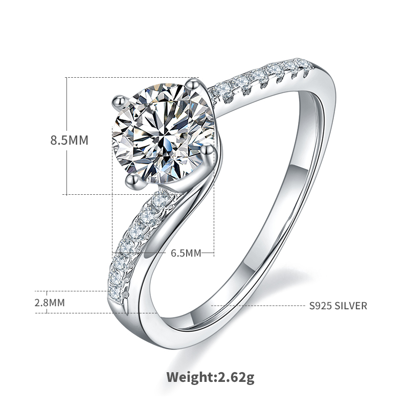 幸福相擁S925銀镀白金莫桑鑽女戒1克拉D級