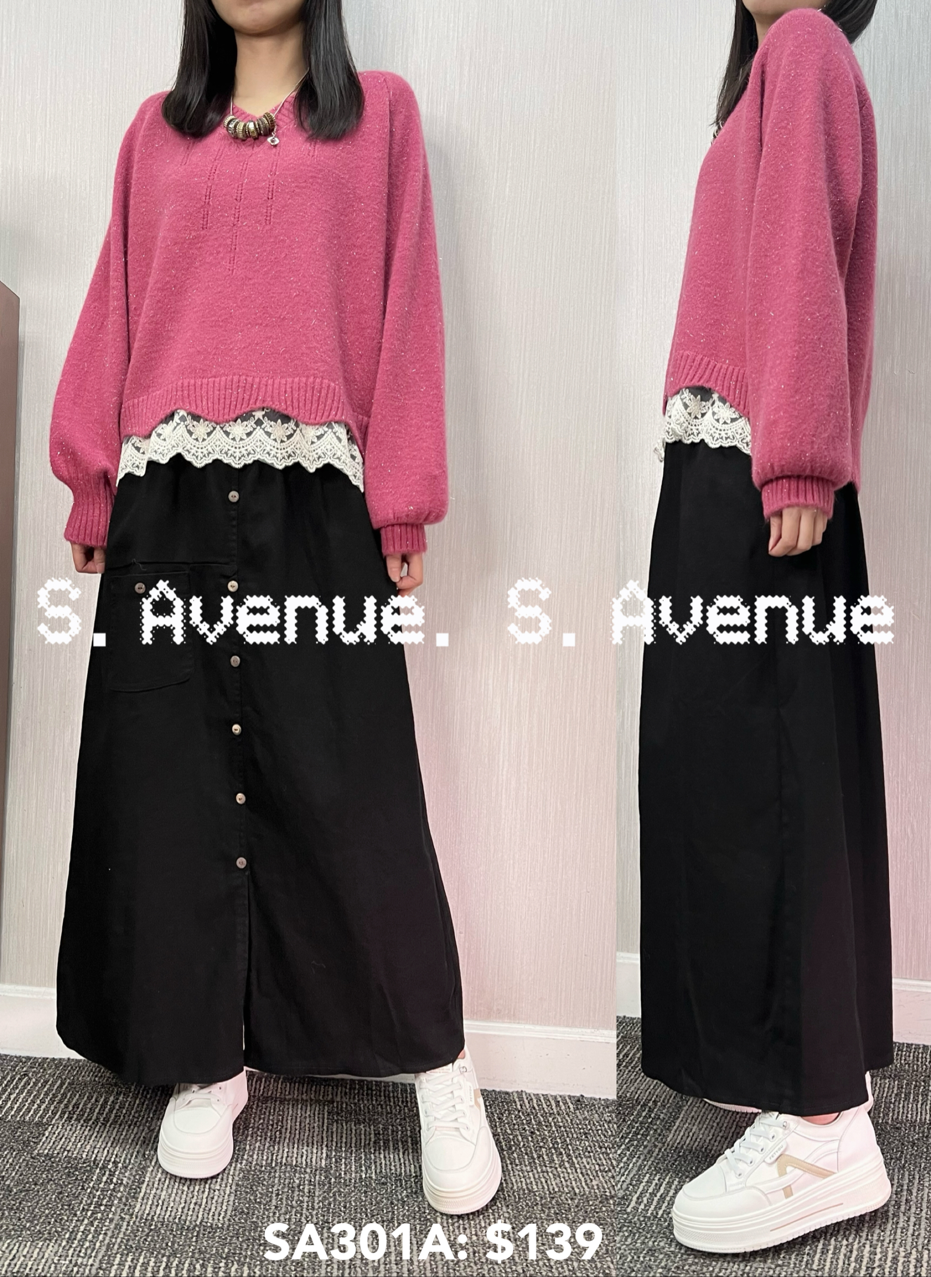 SA301A: 長袖燈籠袖V領腳lace冷衫