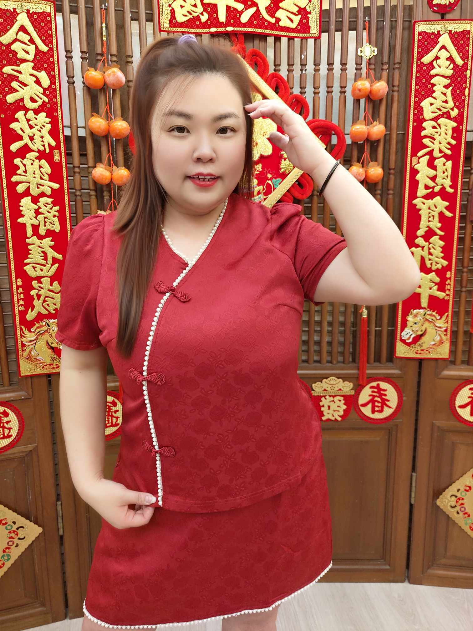 NJE02 EE02 缎面暗花旗袍套装