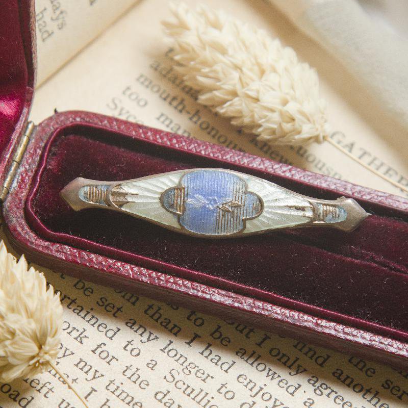 Antique Turn of Century Victorian Green Blue Guilloche Enamel Collar Bar Brooch(EA0591)