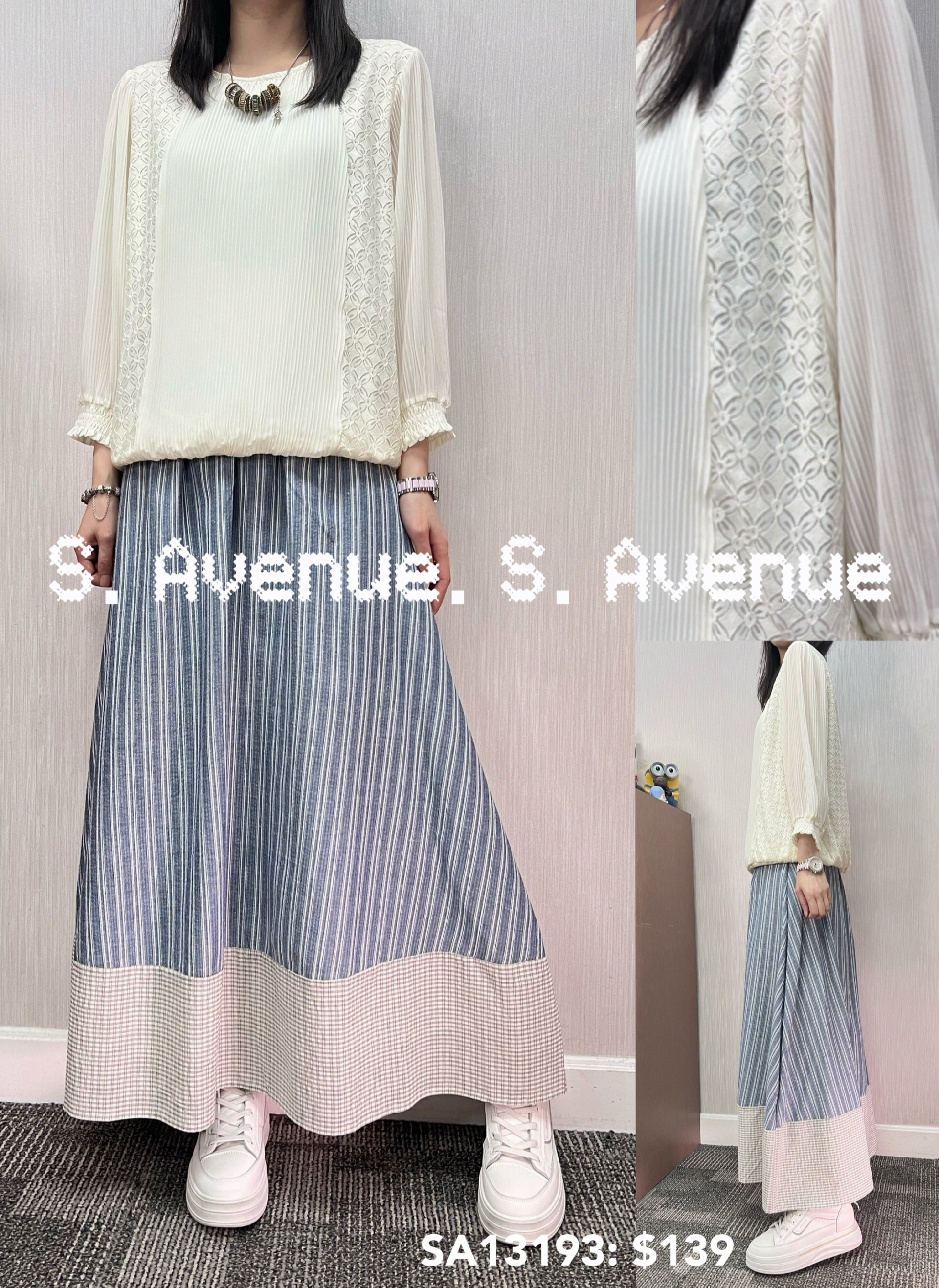 SA13193: 中袖lace雪紡下橡筋top