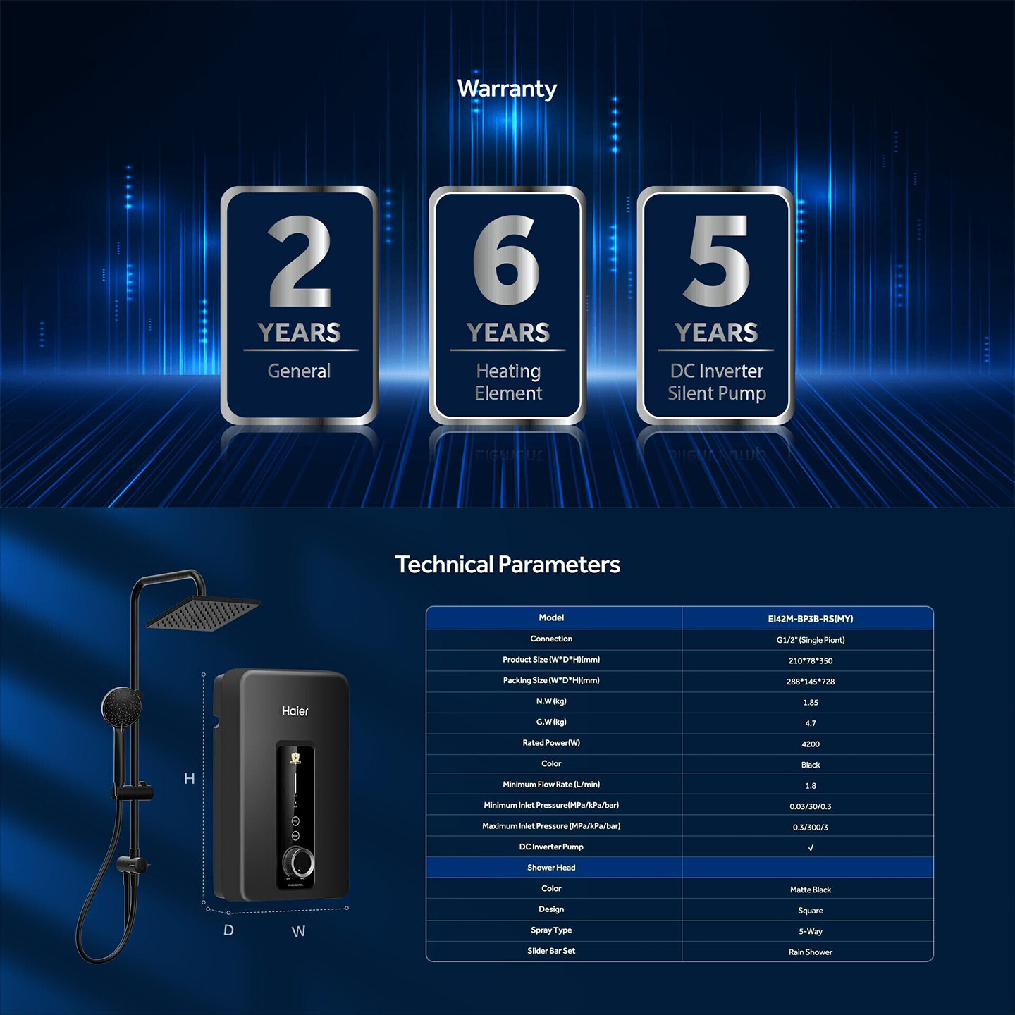 Haier 4.2kW DC Pump Rain Shower Water Heater (EI42M-BP3B-RS)