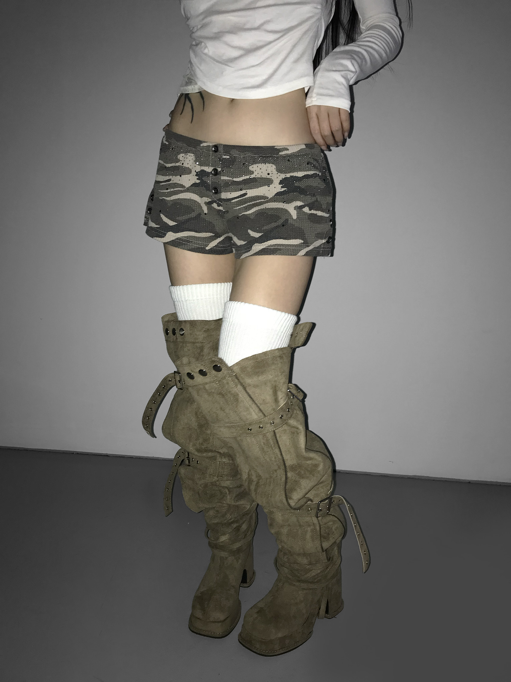 Waffle Knit Rhinestone Camo Shorts