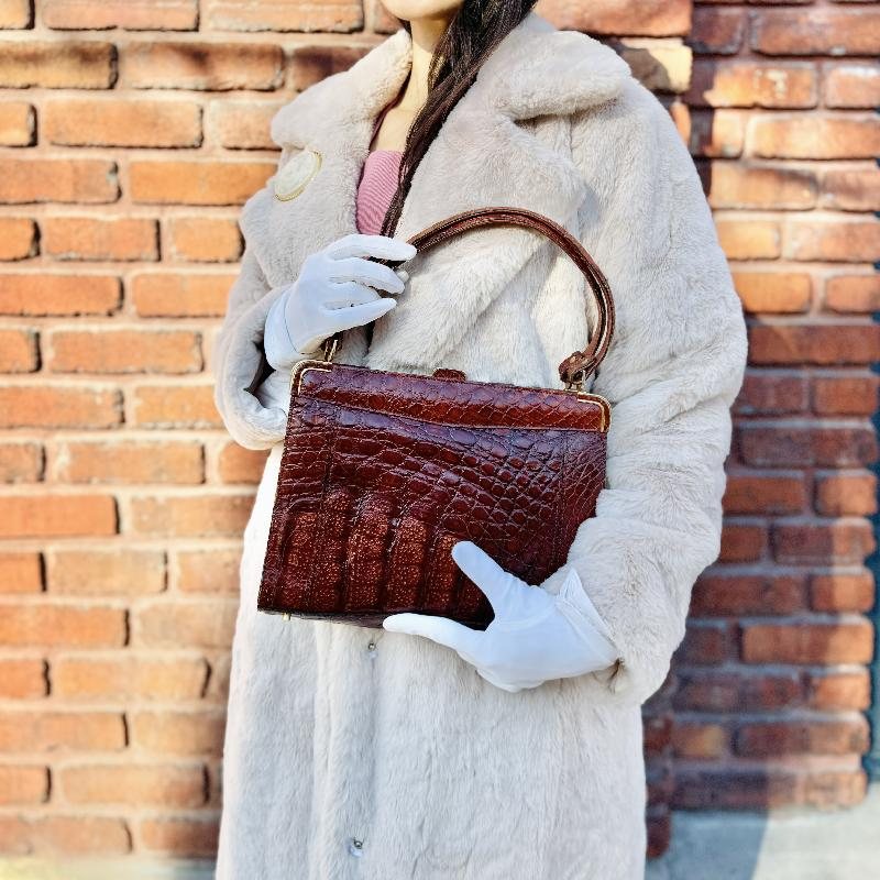 C.a. 1950s Brown Crocodile / Alligator Leather Bag from Paris (MT2258)