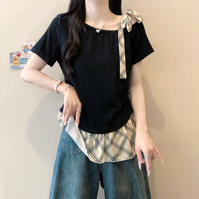 B289(24129) 法式拼接格纹斜肩系带与下摆黑杏上衣