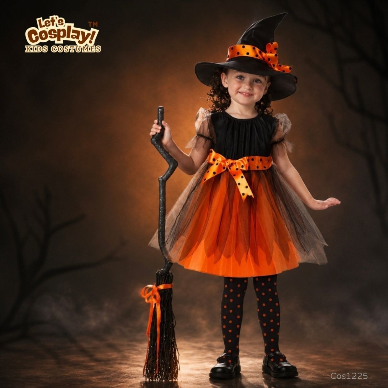 兒童萬聖節女巫主題服裝 橙黑女巫帽連身裙 Kids Witch Costume