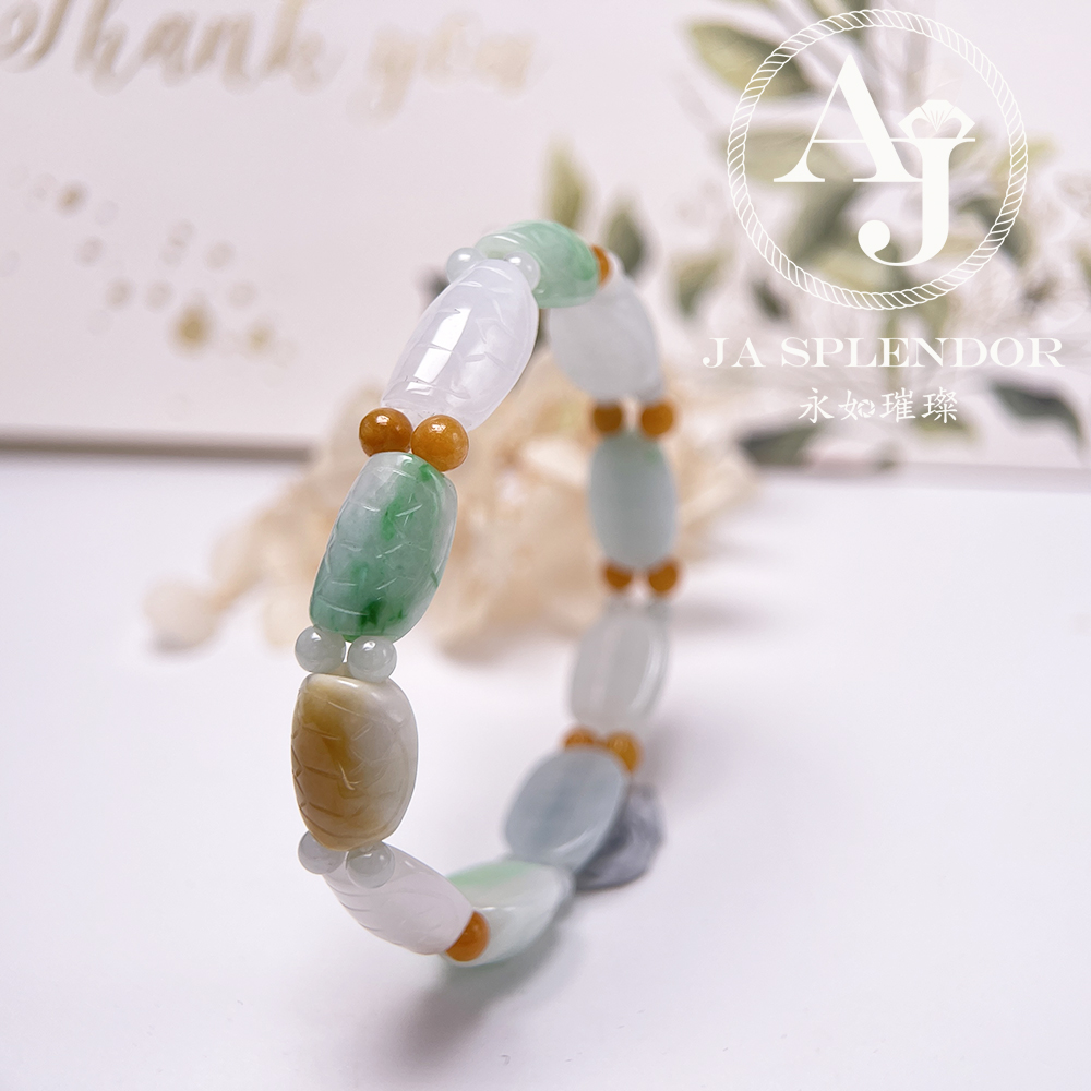 OF-06-C 天然翡翠A玉 - 冰潤三彩長壽吉祥龜貝手串
