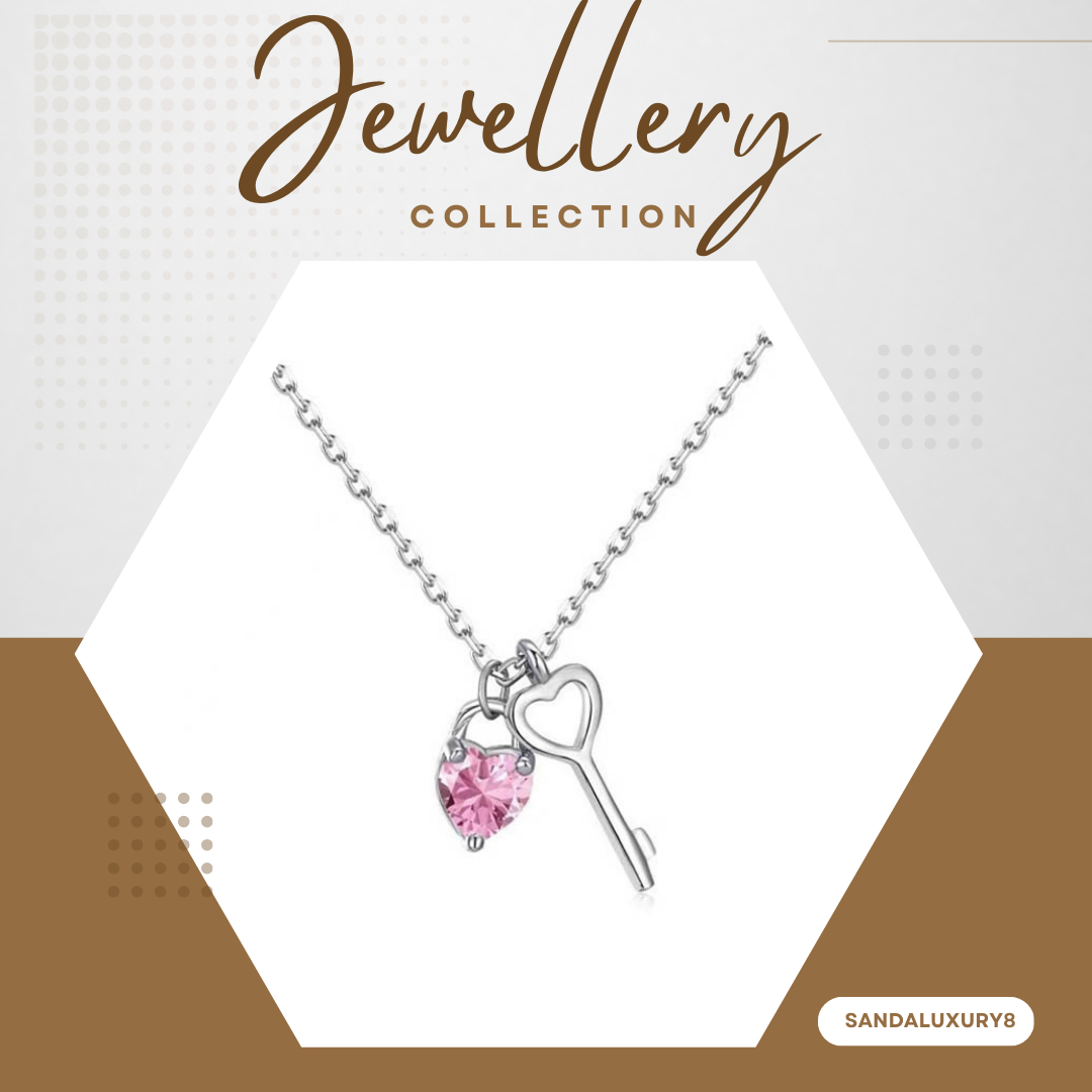 Pink Heart Key Necklace  S925 Sterling Silver  Necklace  For Women  Jewelry Gift For Girlfriend