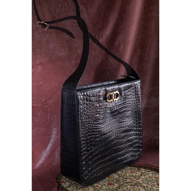 Vintage Salvatore Ferragamo Dark Blue Embossed Leather With iconic Gancini Hardware Large Two Way Shoulder / Crossbody Bag (MT1815)