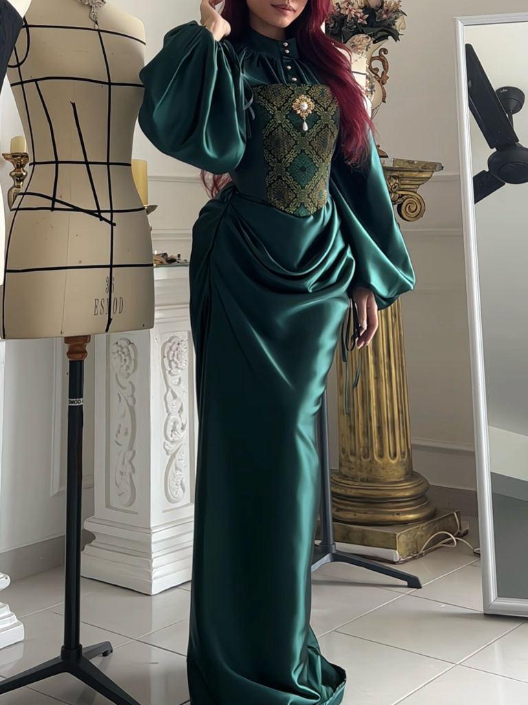 Kadita Songket Corset and Draped Skirt with King Blouse in Emerald Green