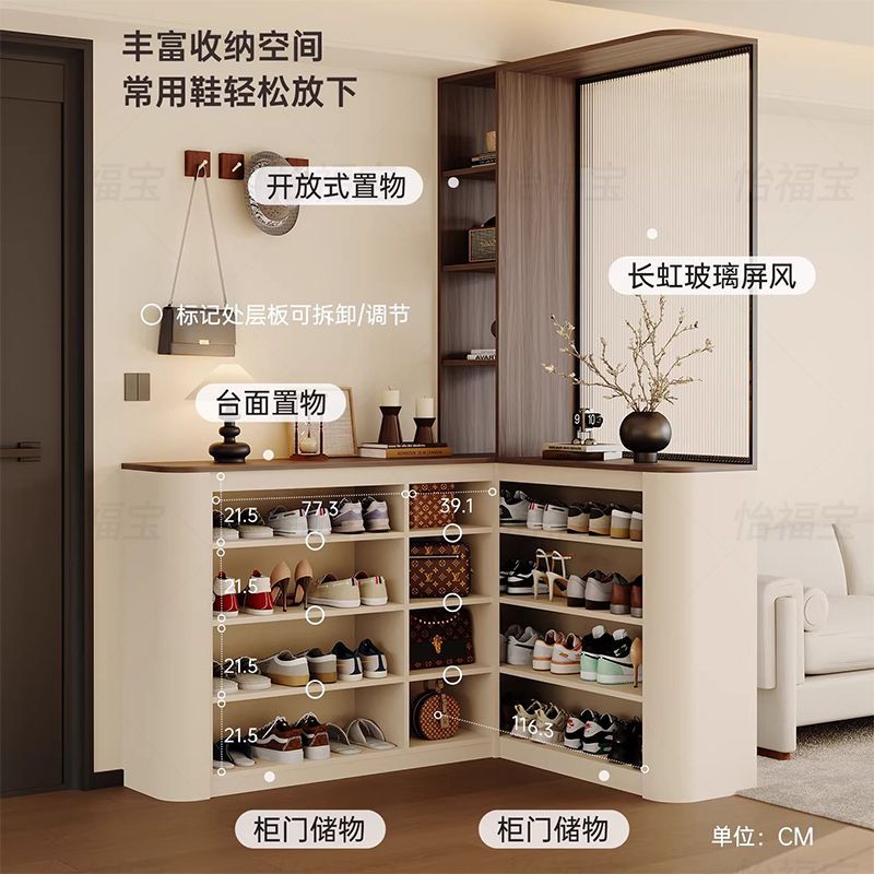 中古风轉角玄關鞋櫃一體櫃 圓弧玻璃屏風間隔 大容量儲物櫃訂造 Shoe cabinet