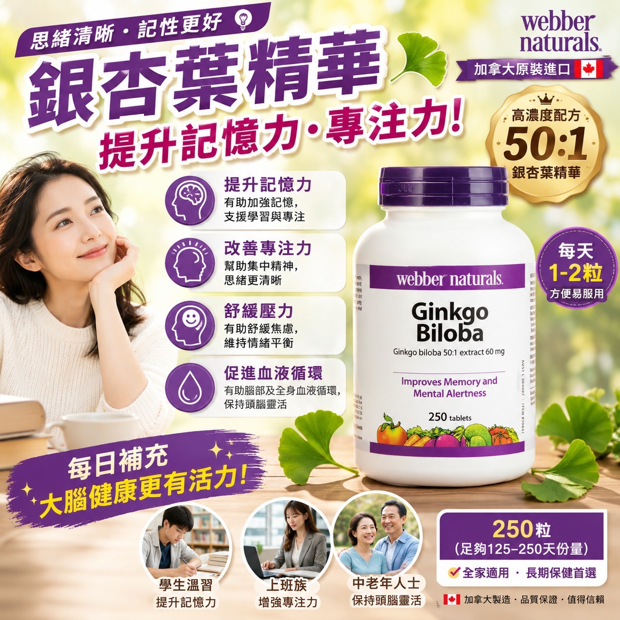 【預訂】Webber Naturals 銀杏精華 (1樽250粒)