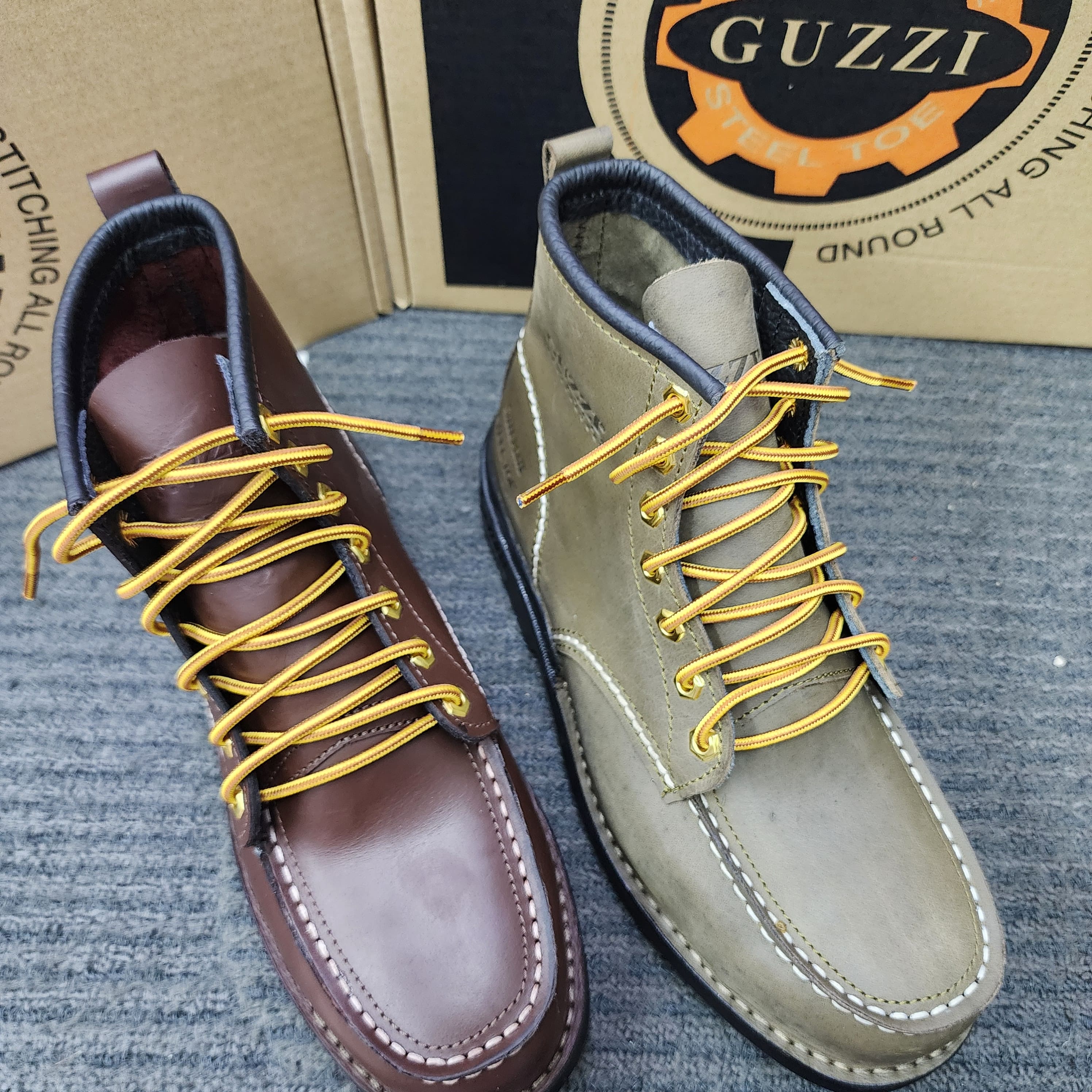 Guzzi Safety Shoes 600 Mid Cut Lace Khaki Dark Brown Steel Plate and Toe's Cap Genuine Leather Kasut Keselamatan