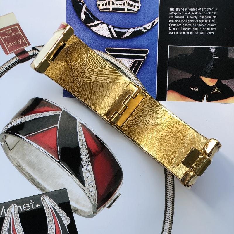 C.a. 1980s Monet Red X Ivory Geometric Enamel Jewelry New Old Stock- Bangle Bracelet (MT1622)