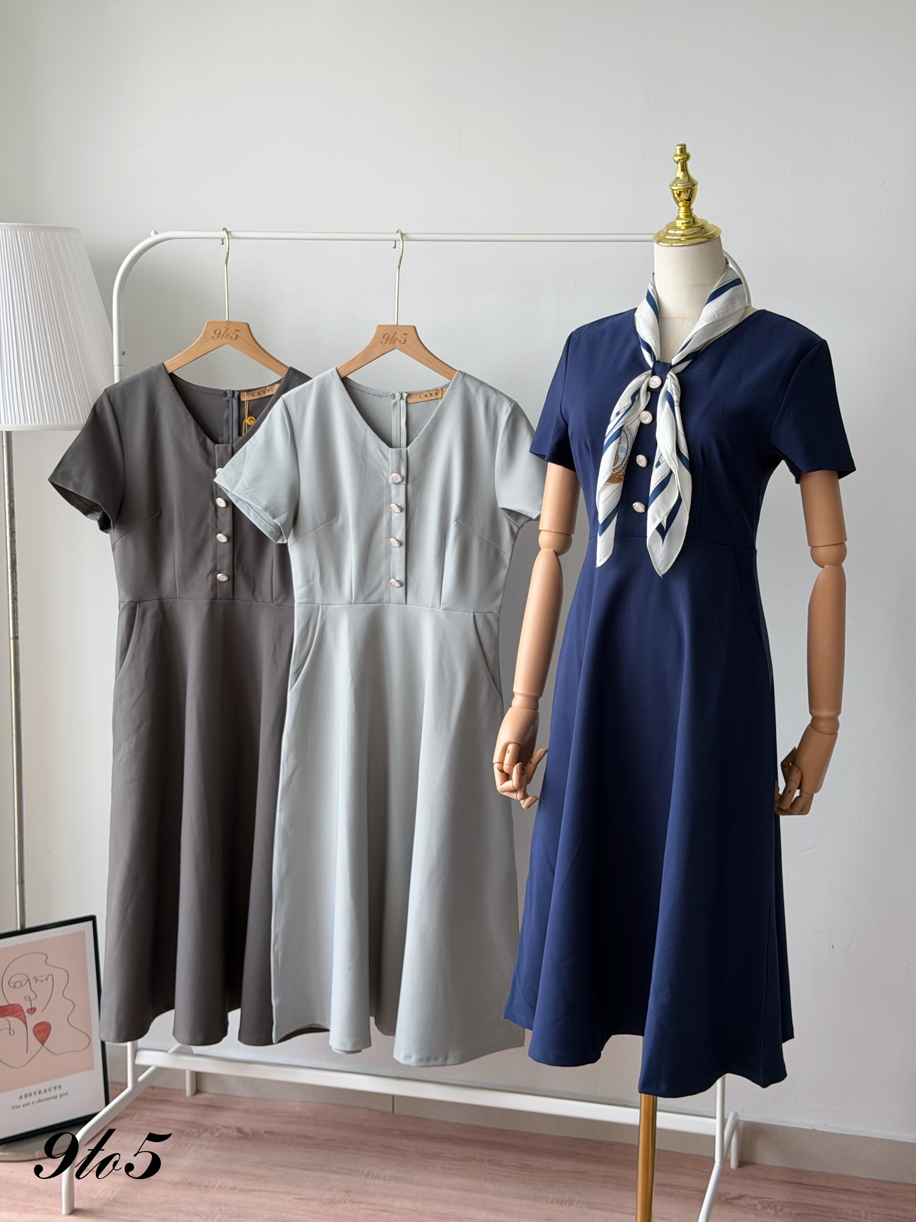 D2378 V Neck Waisted Dress - 3 Colors