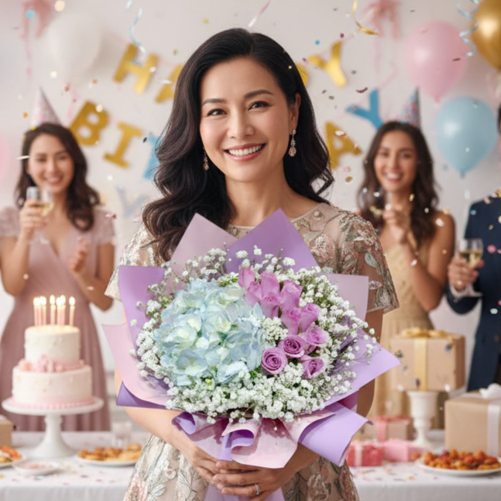 👉🏻鮮👈🏻 淺藍繡球丨紫玫瑰11枝丨生日花束 丨榮休花束丨紀念日花束丨洗禮花束丨女士花束丨annual dinner 花束丨夢幻花束