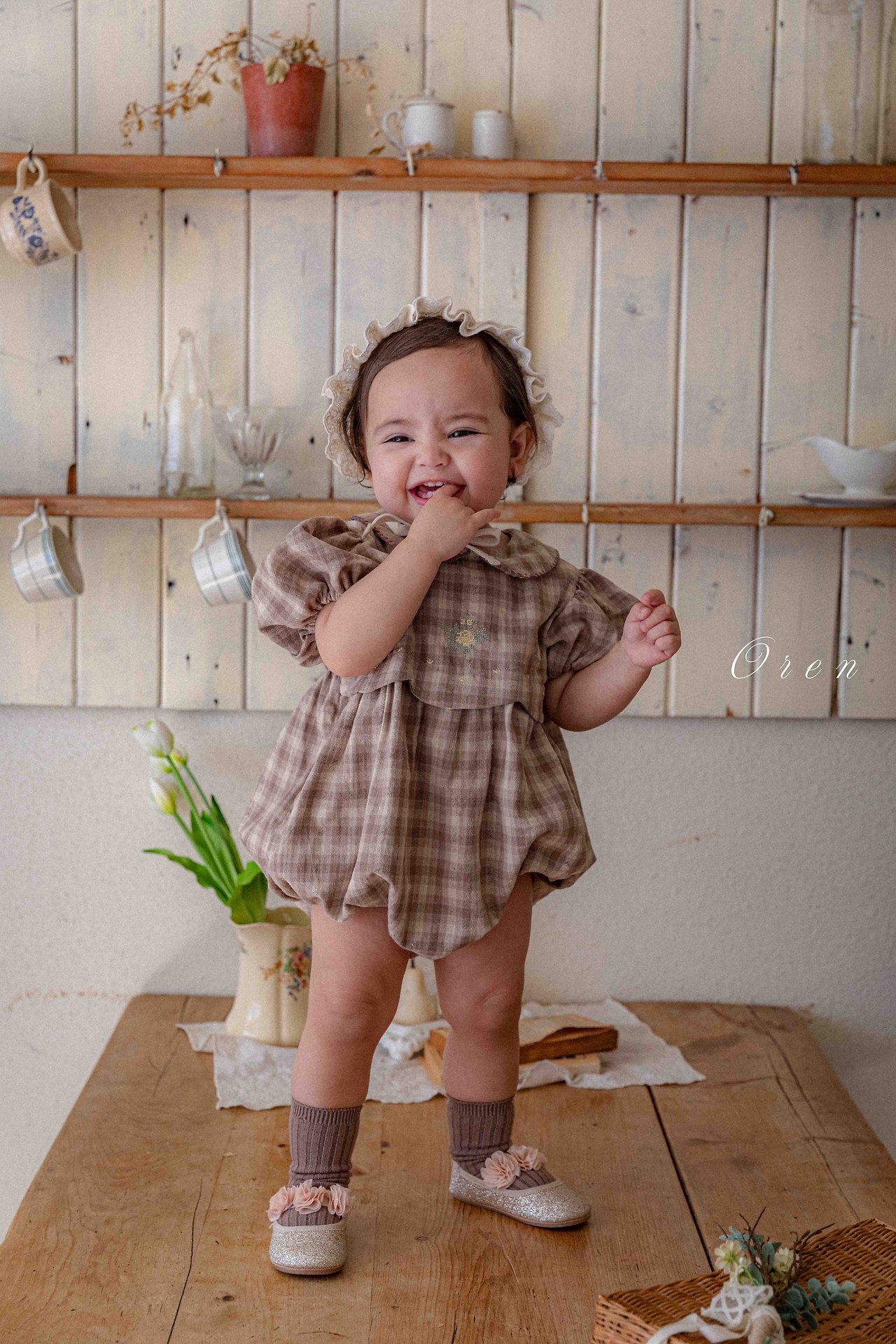 ☀️預訂 韓國直送☀️🇰🇷Oren Toua刺繡格紋泡泡袖包屁衣/連身裙