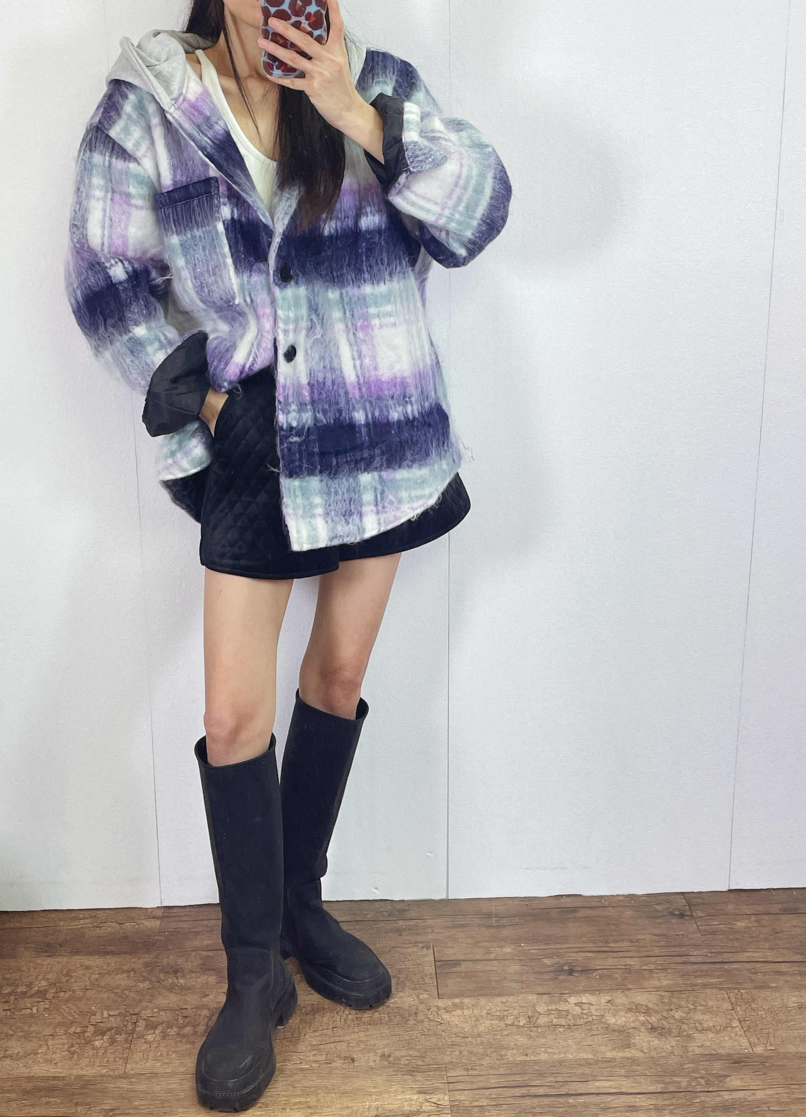 K5529 毛絨格仔有帽外套