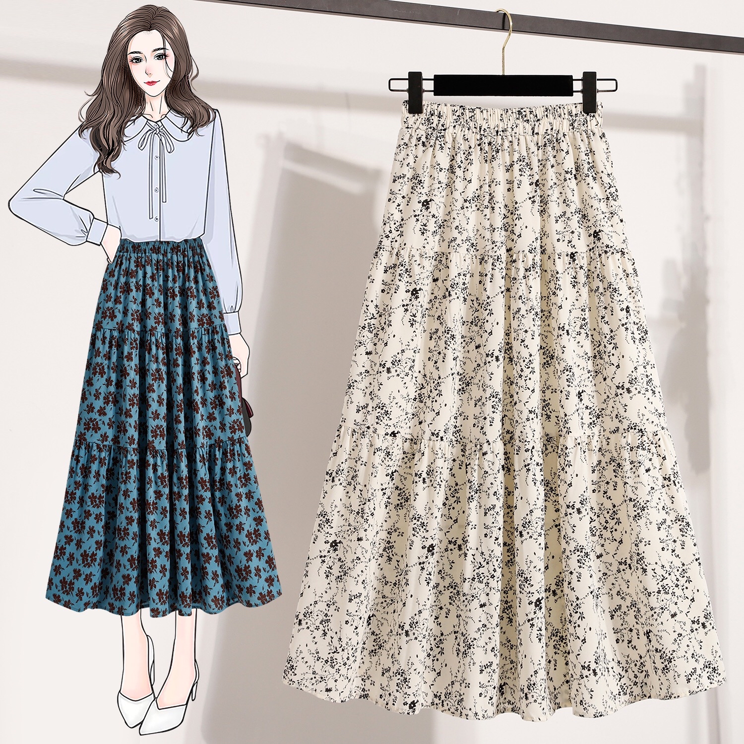 B201(5977) 法式复古松紧腰碎花拼接层层A字3色长裙