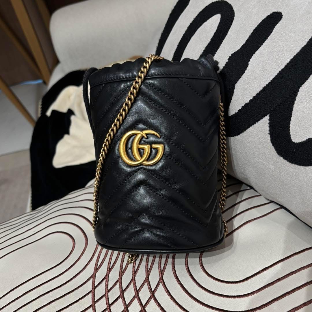Gucci gg marmont bucket 黑色牛皮 100%Authentic ,95%New ✅Dust bag