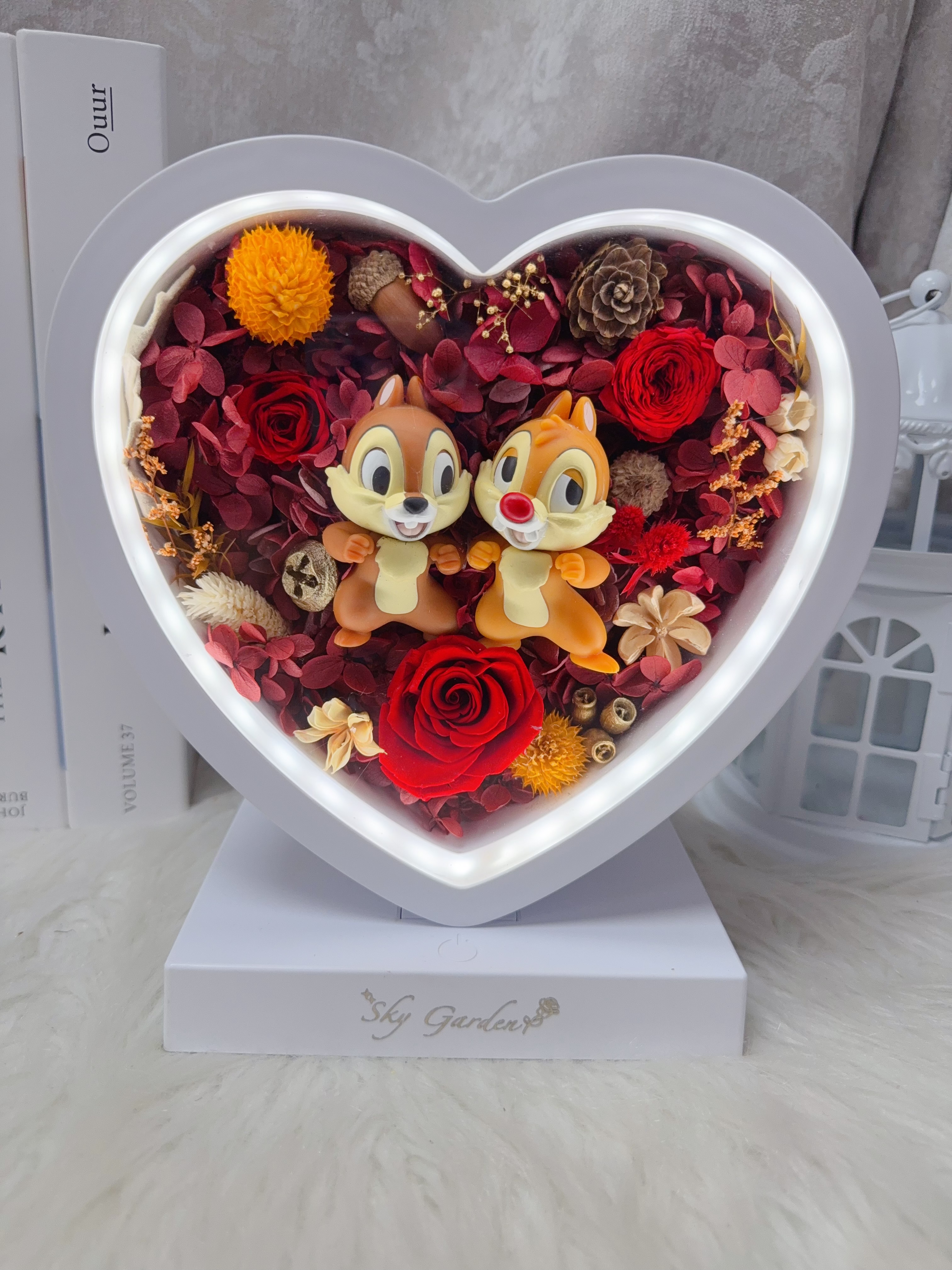 大鼻鋼牙永生花心形小夜燈