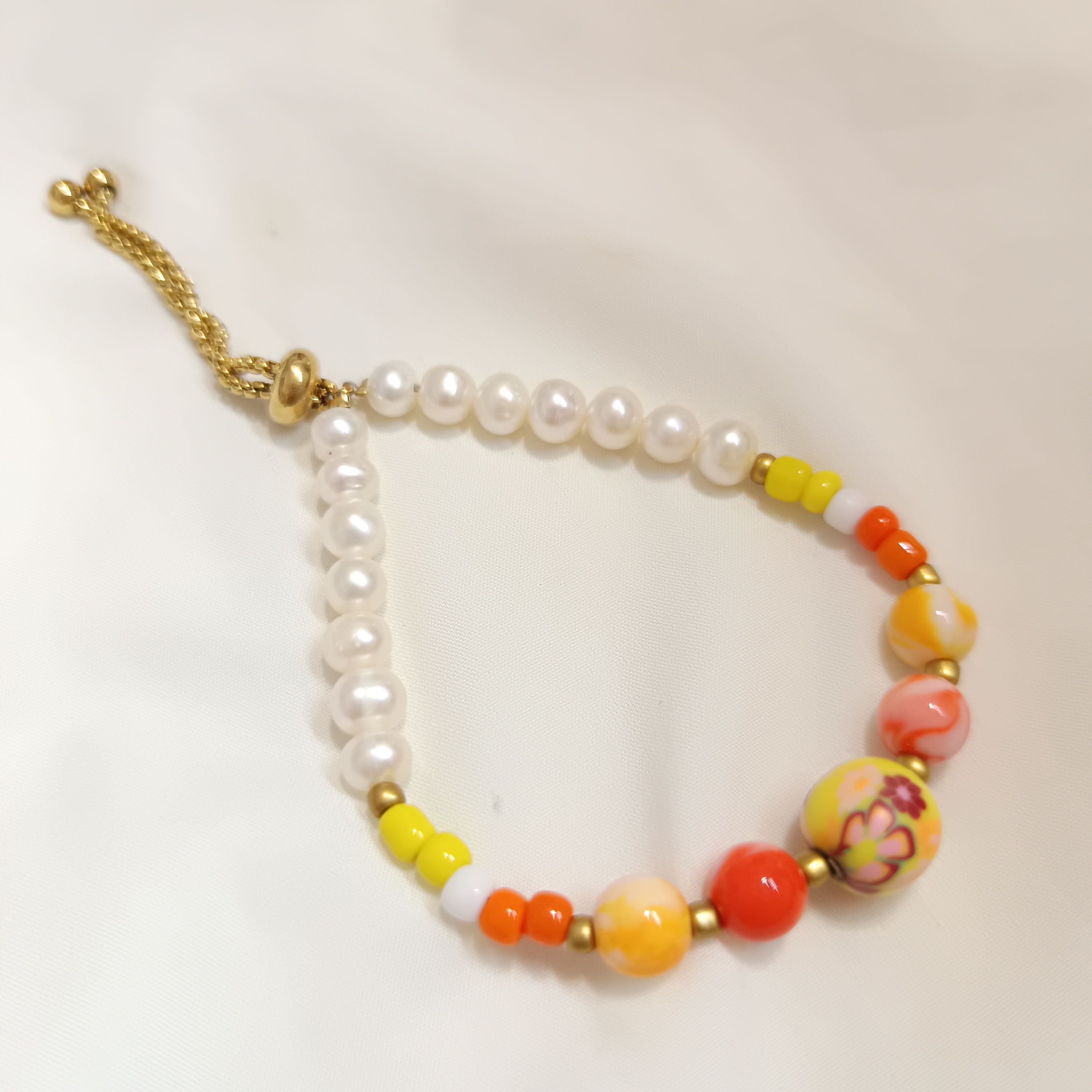 日式壓克力水彩花球珠+精品淡水珍珠索帶扣手鍊