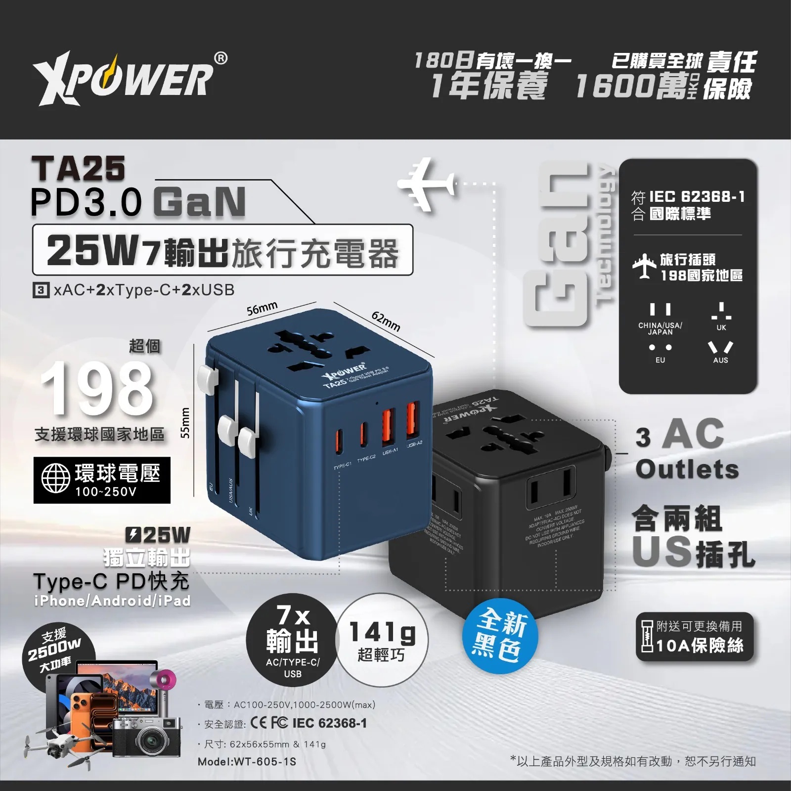 XPower TA25 7輸出 PD/PPS 25W Gan旅行充電器