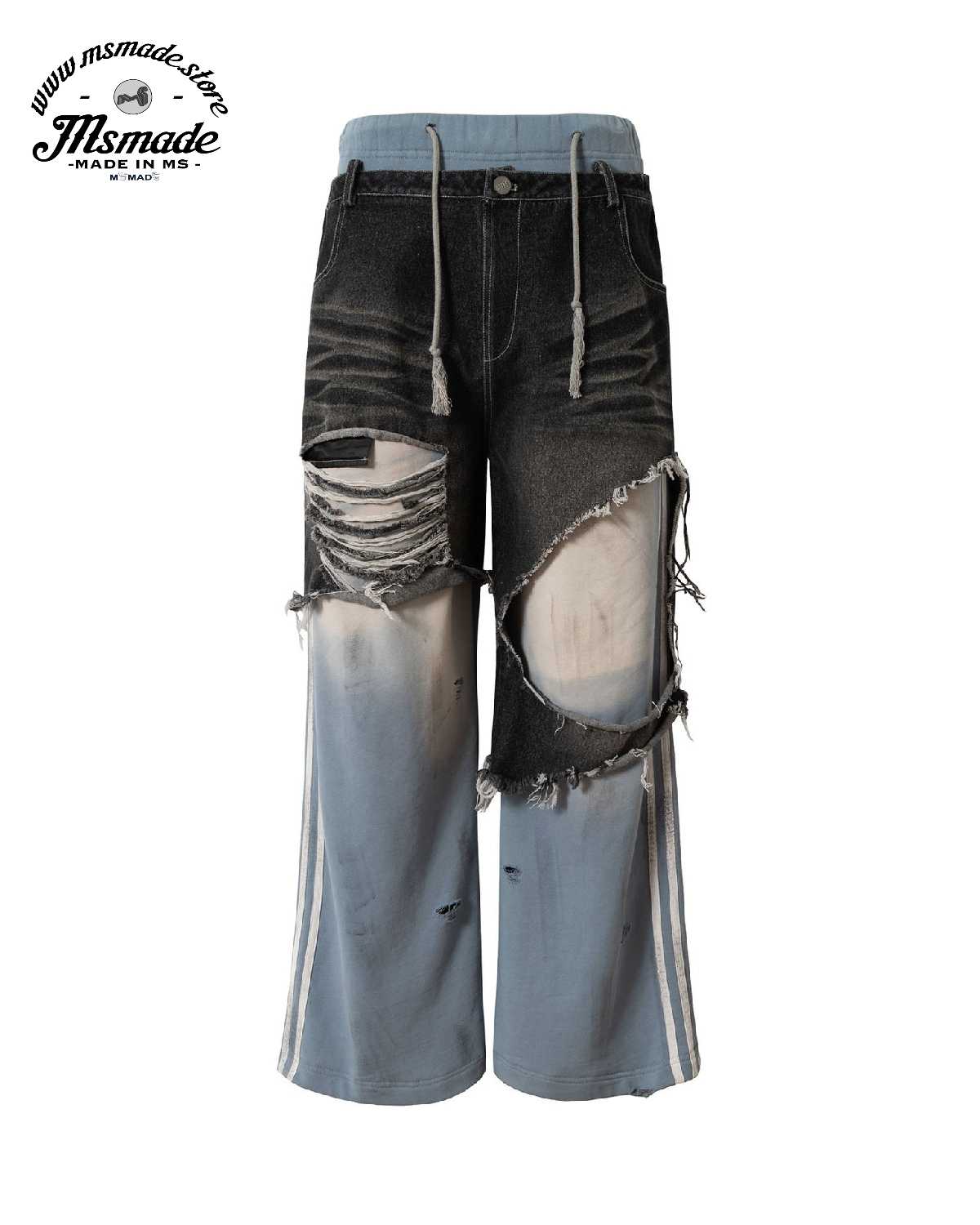 M022拼接牛仔撞色假兩件喇叭褲