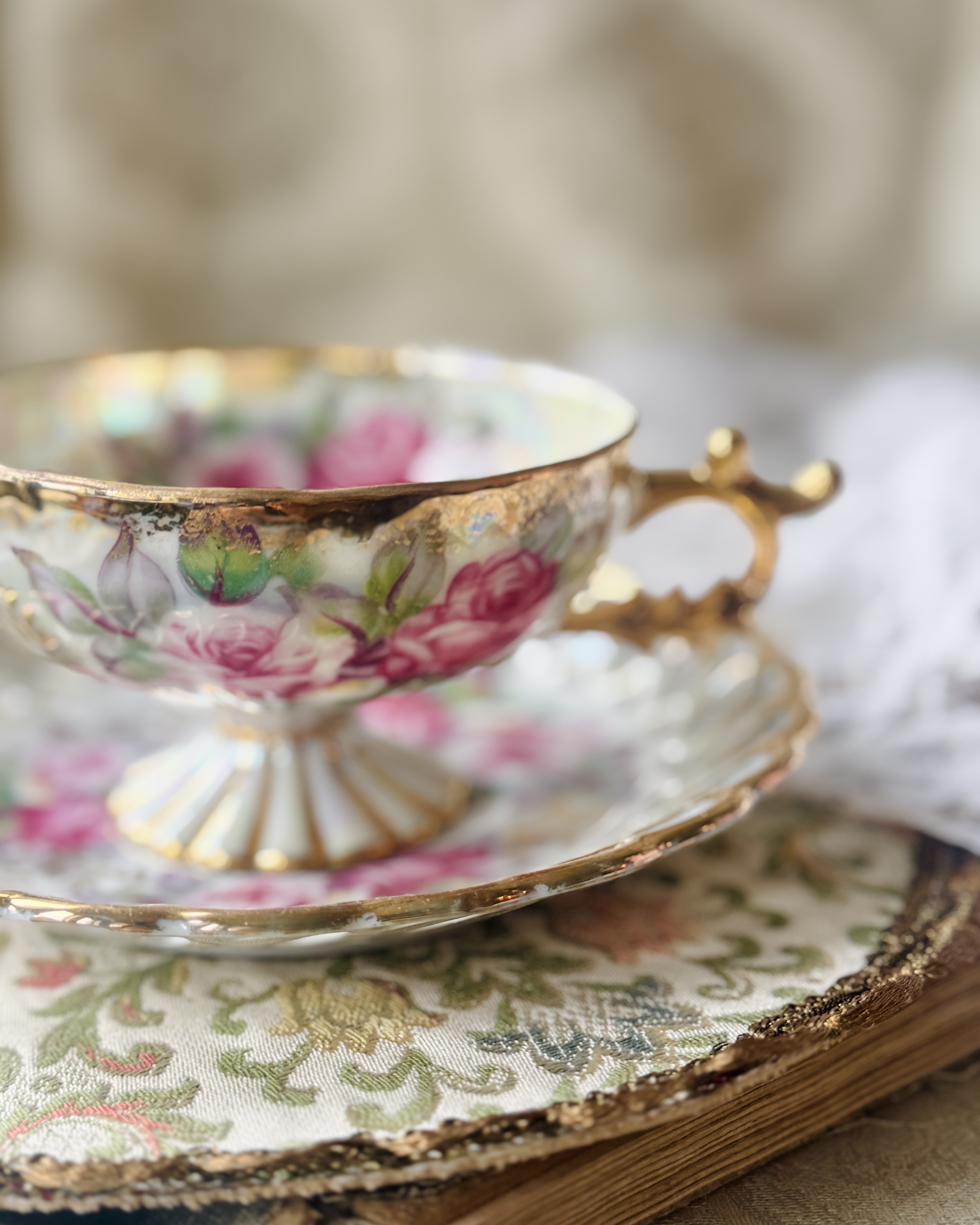 Vintage Mid-Century Castle Japan Floral Iridescent Tea Set Duo (MT2398)