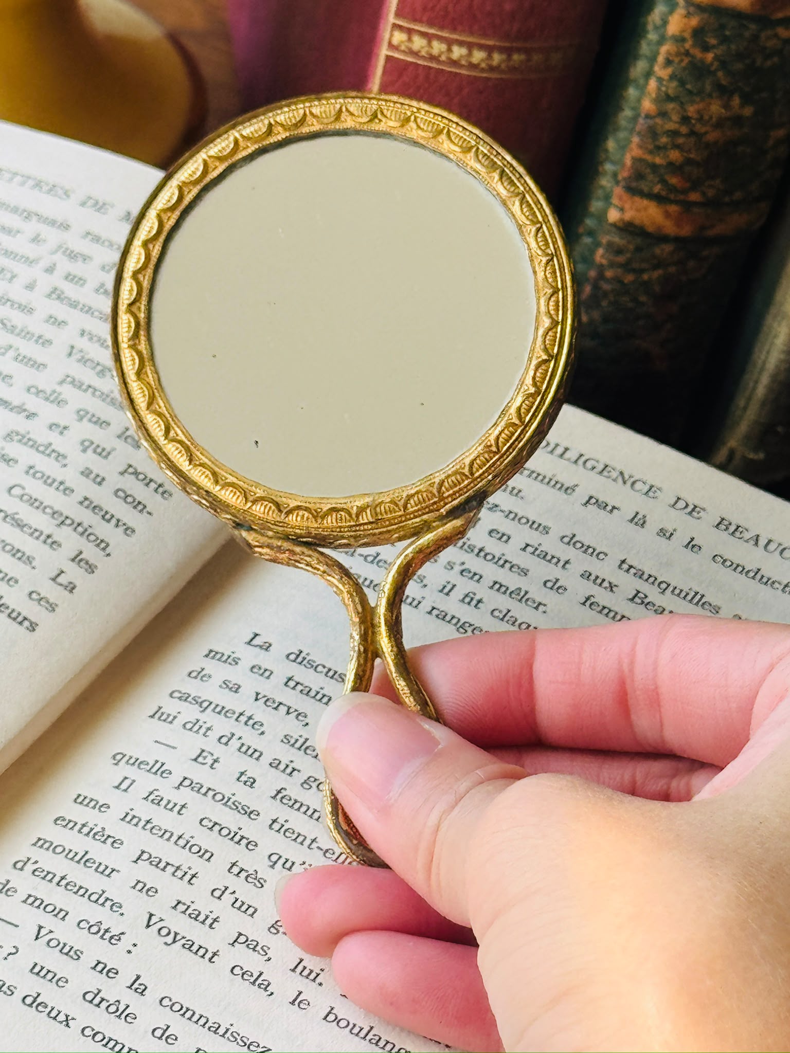 Vintage C.a. 1950s Double-Sided Elegant Pocket Mirror with Handle (NZ132)