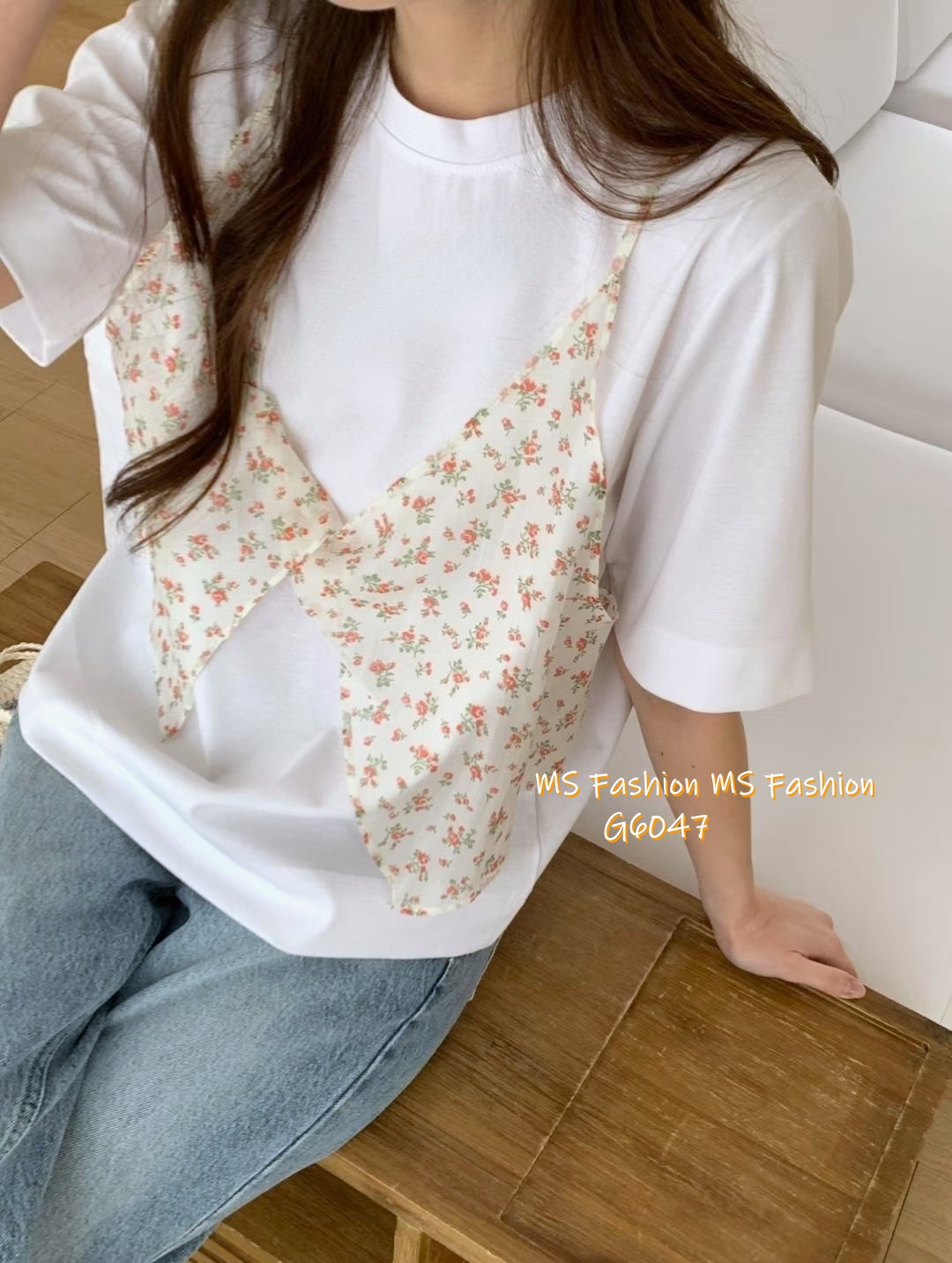 G6047 韓國🇰🇷假兩件拼碎花布top