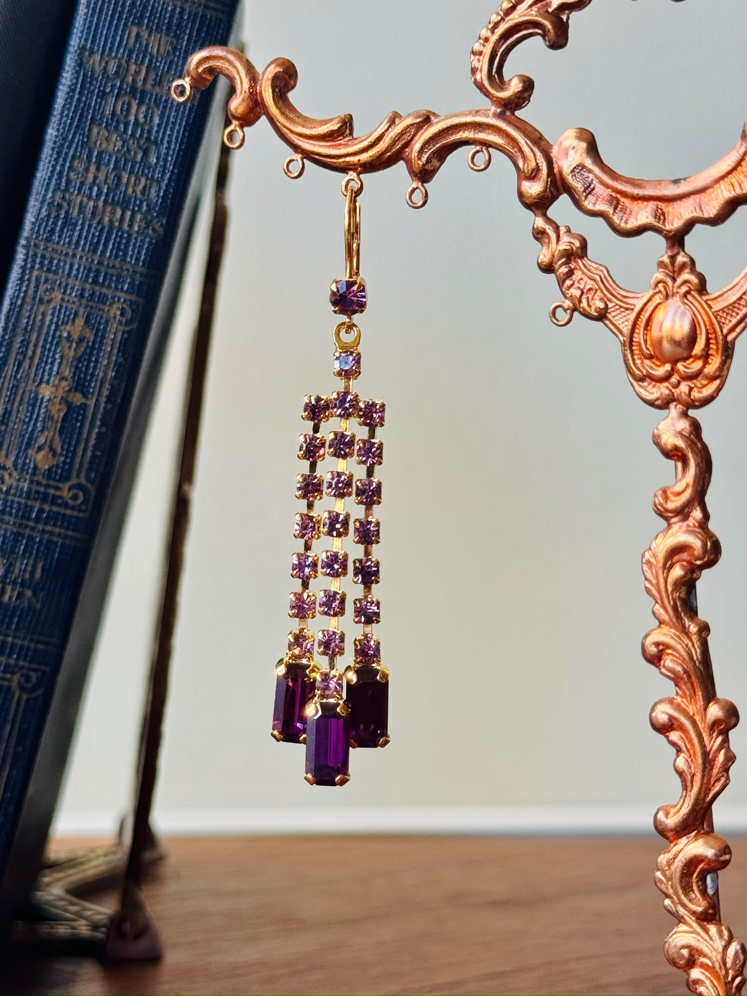 1980s Czechoslovakian New Old Stock Purple Rhinestone Hook Earrings (NZ131)