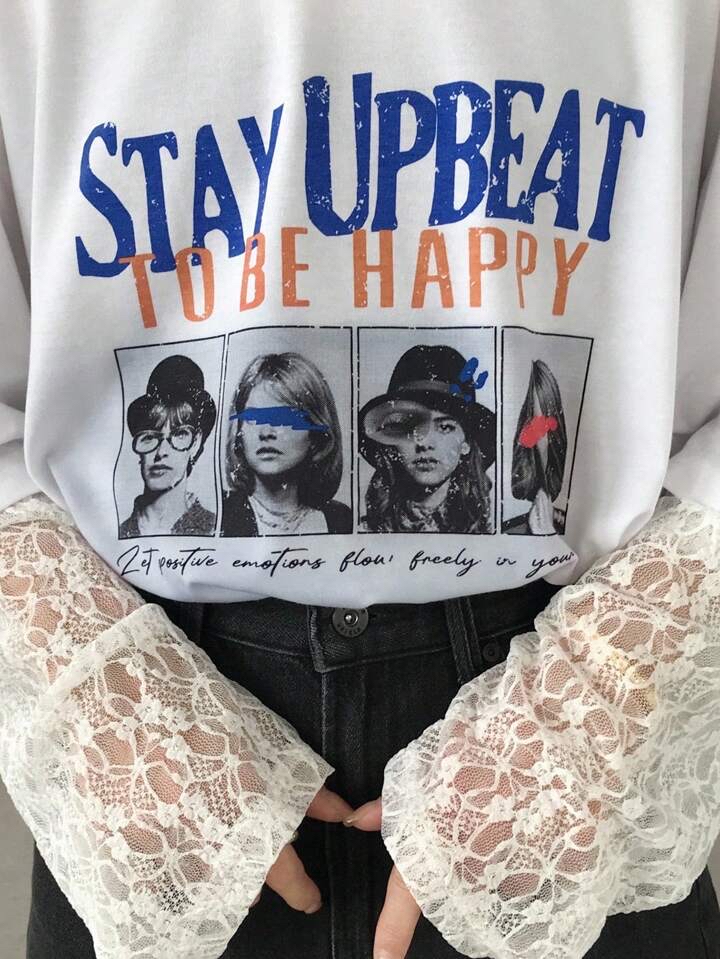 蕾絲拼接印花寬鬆T恤