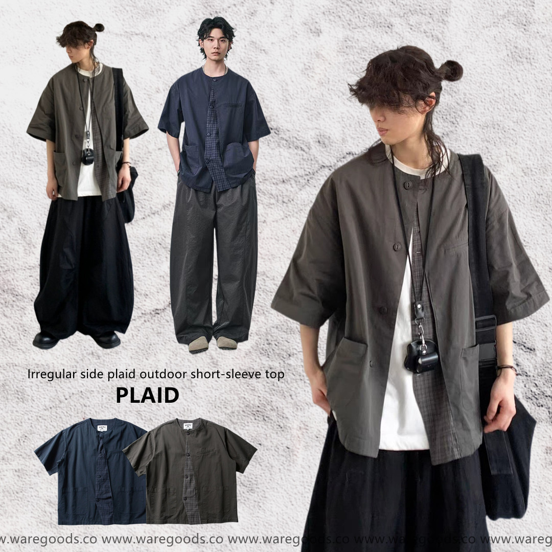 W053不規則格仔拼接短袖上衣