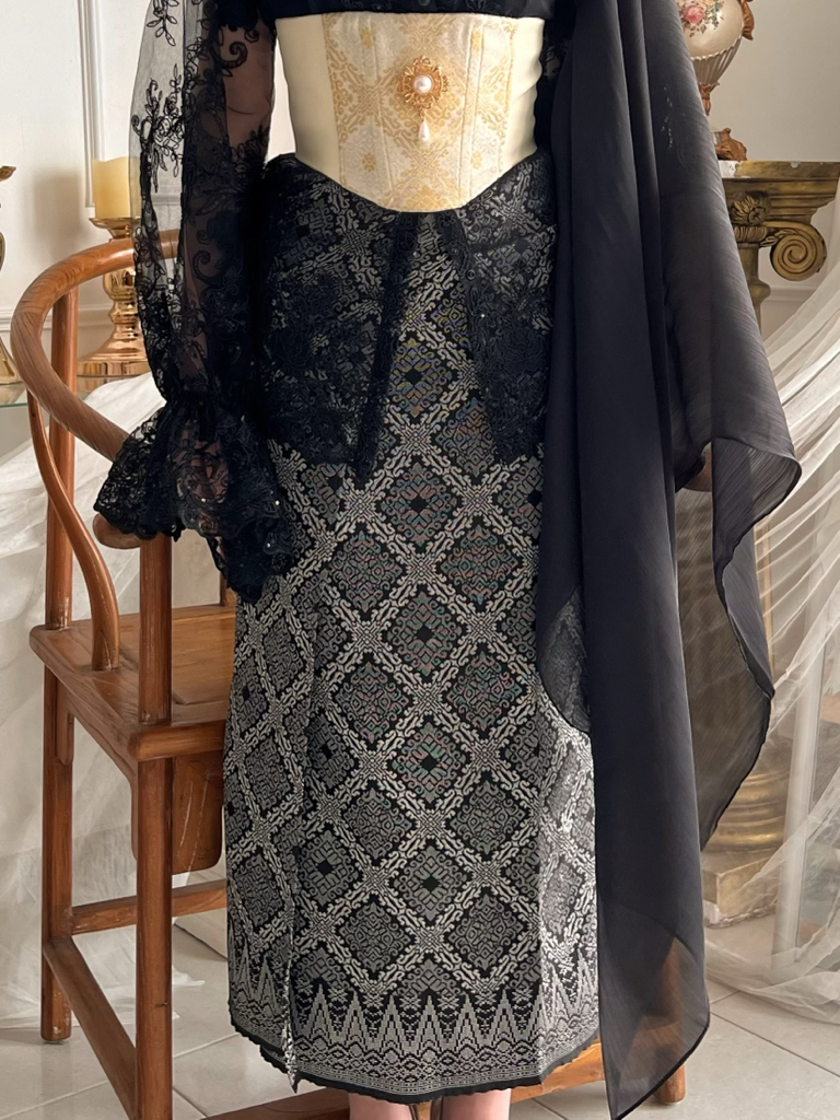 Songket Underbust Corset in Crème and Pareo Skirt in Black with Angel Blouse in Black