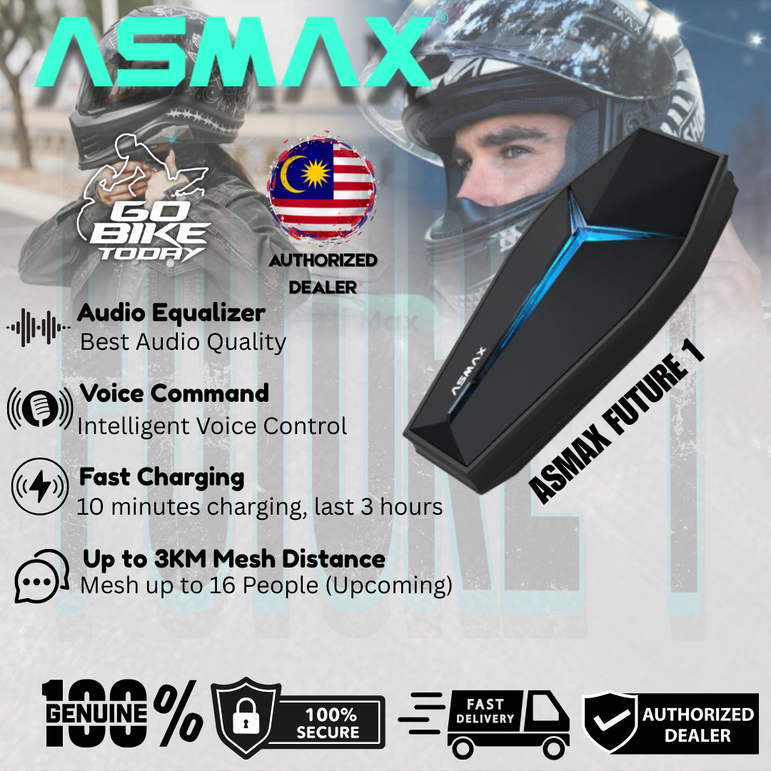 ASMAX Future 1 Mesh Intercom | Interkom Bluetooth Premium untuk Motosikal | Diluluskan MCMC Malaysia