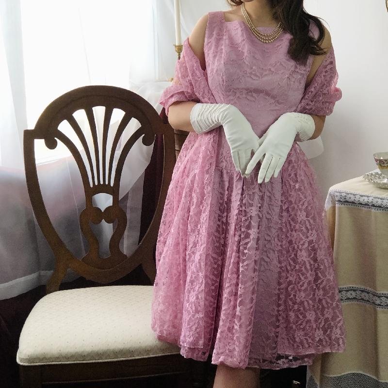 RARE! 1950s Soft Pink Lace Twin Set from Canada- Fit & Flare Dress with Outer(MT891)