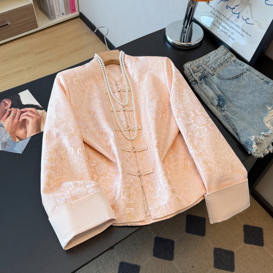 B141(9931) 新中式东方古韵太阳式缎面提花粉外套上衣