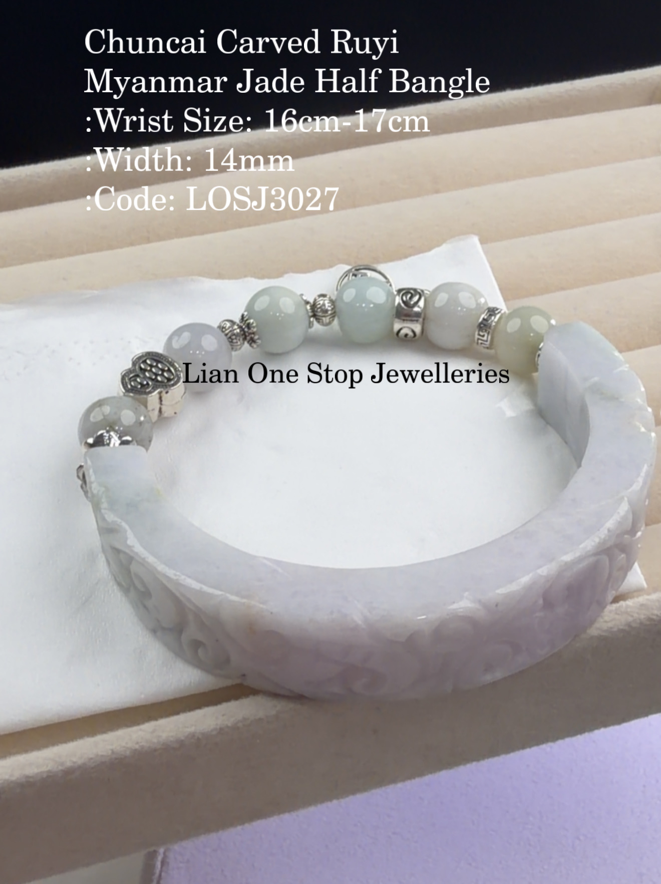 Code: LOSJ3027 Chuncai Carved Ruyi Myanmar Jade Half Bangle