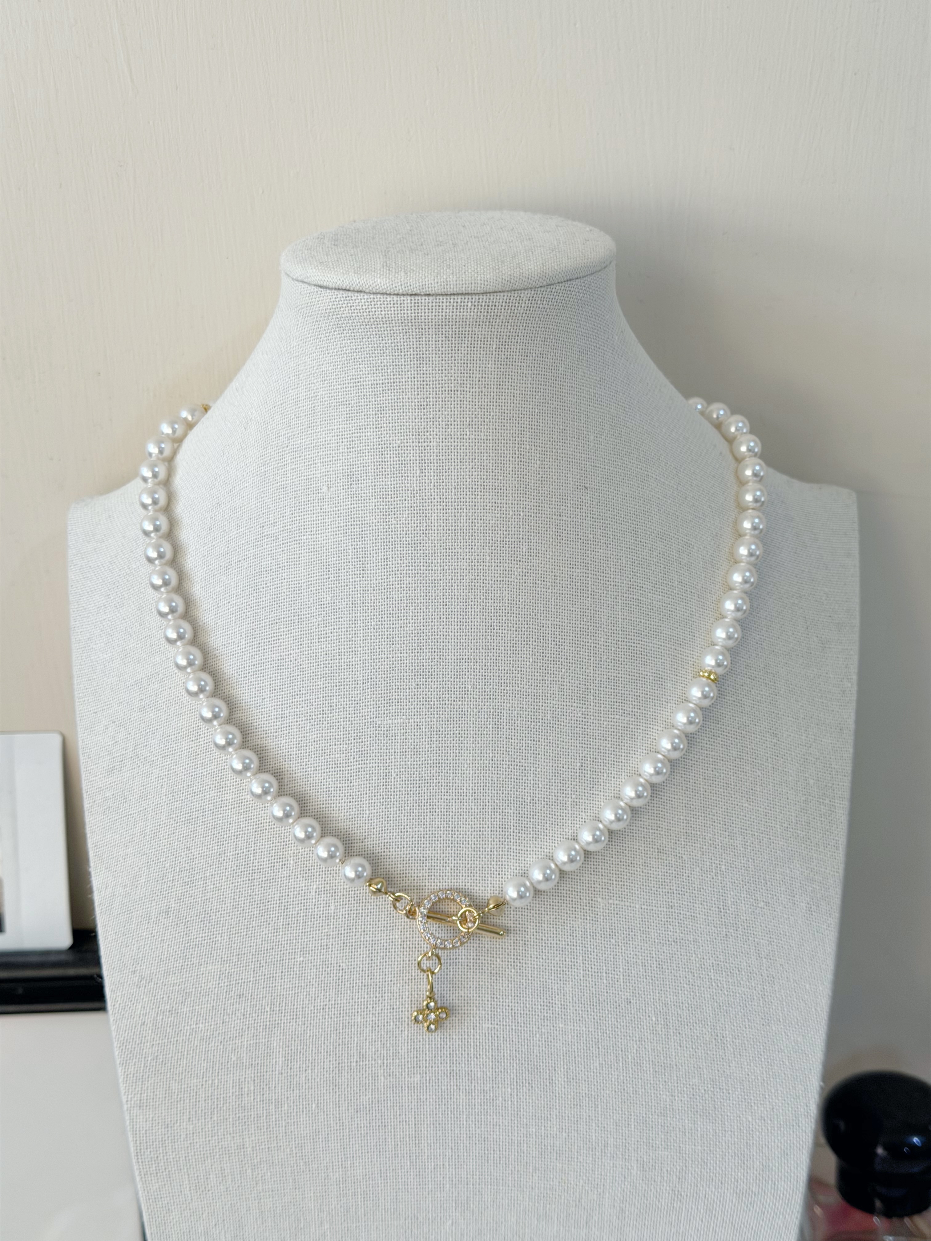 簡約星鑽珍珠頸鍊/6mm米白珍珠