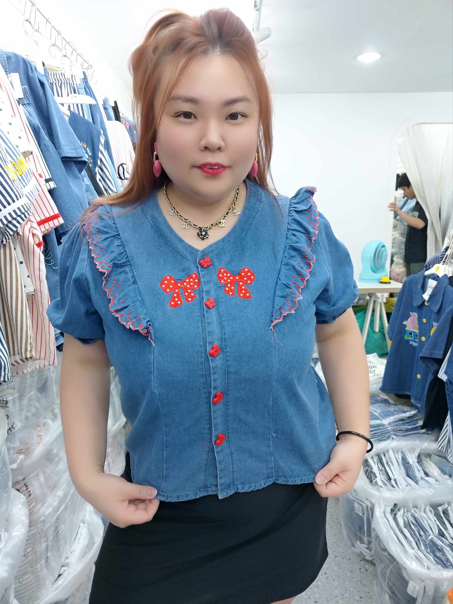 ENE05 波点蝴蝶结刺绣牛仔上衣