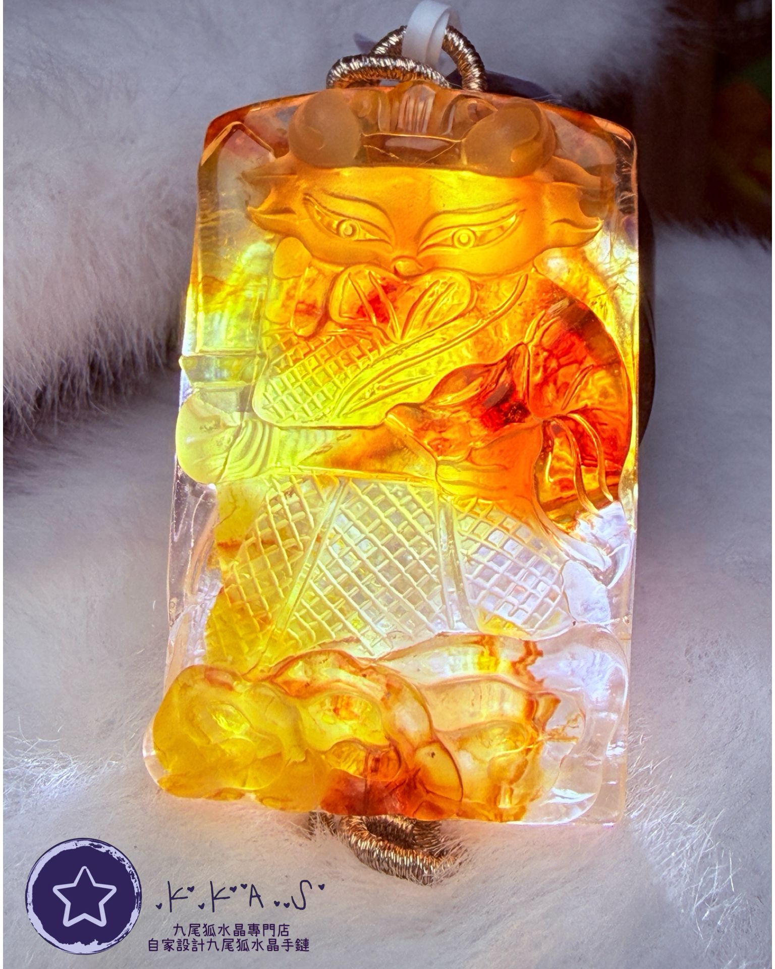 K00125 橙紅膠花 將軍狐 - 吊墜/手牌兩用款