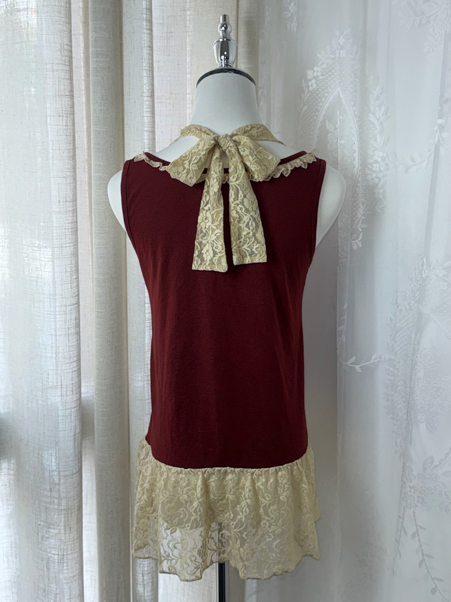 Axes Femme Burgundy Tank Top with Lace Hem