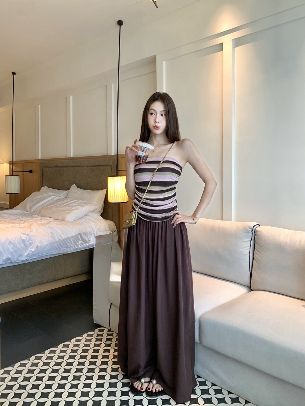 零感松弛韩系慵懒撞色条纹抹胸+休闲裤套装(两件套)Striped Tube Top Wide Leg Pants Set