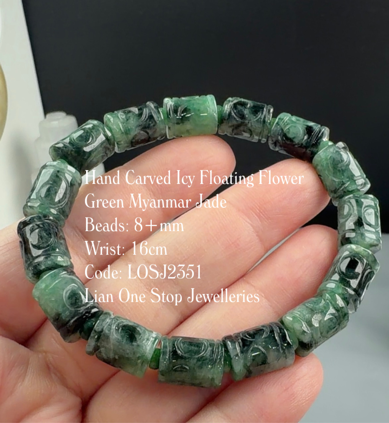 Code: LOSJ2351 Hand Carved Icy Floating Flower Green Myanmar Jade 8+mm