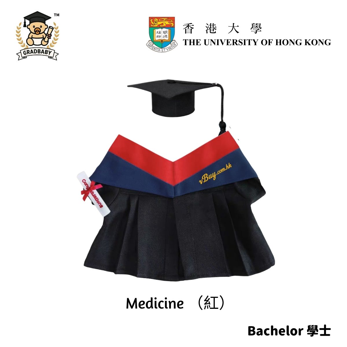 HKU香港大學 李嘉誠醫學院 Medicine (MBBS) 公仔畢業袍 - 可綉名/校名/年份/校章 (紅色邊藍色布領) 公仔畢業袍