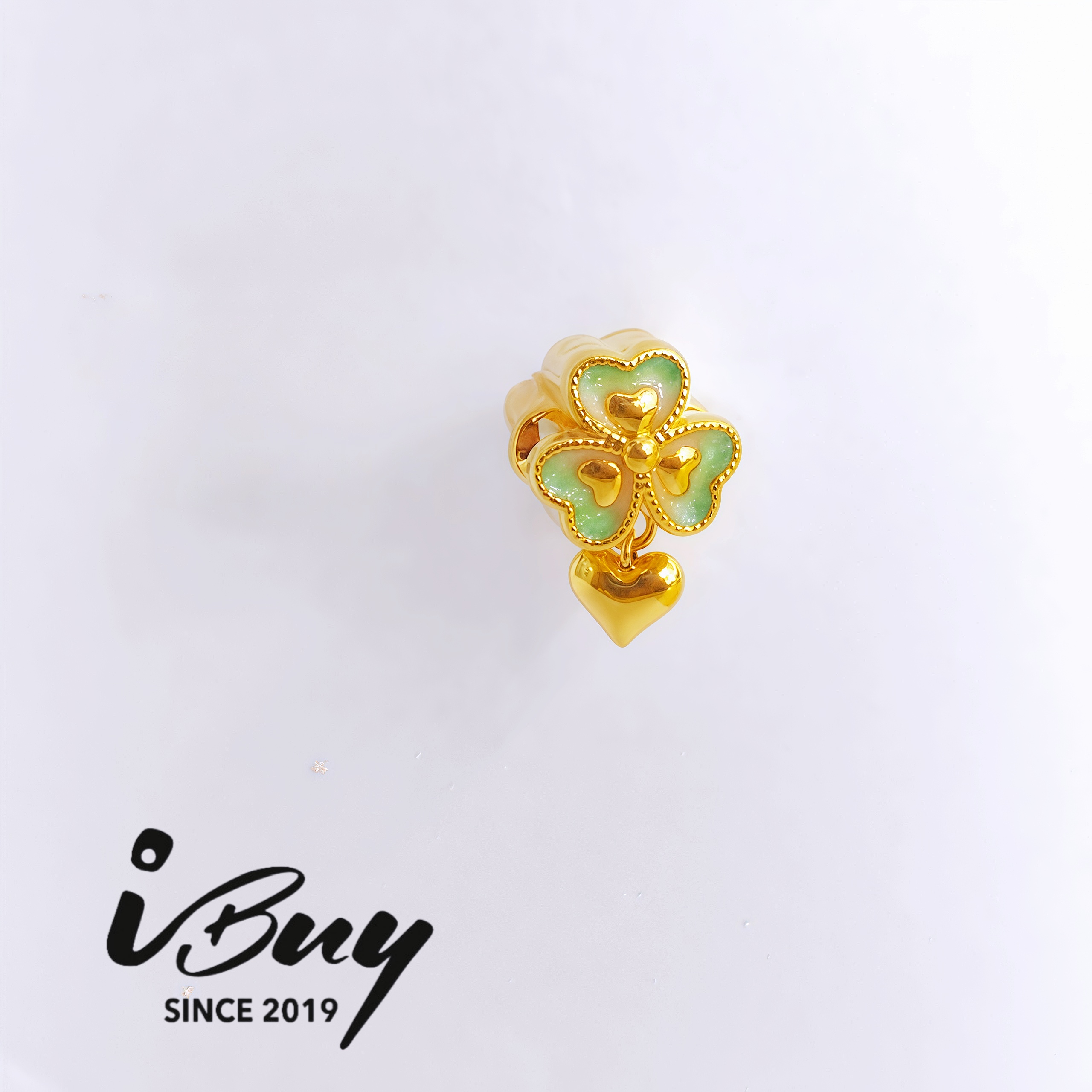 916 HARD GOLD APPLE-GREEN ENAMEL FOUR LEAF CLOVER SPACER BEAD WITH HEART PENDANT 916 硬金 珐琅爱心四叶草串咀 苹果绿