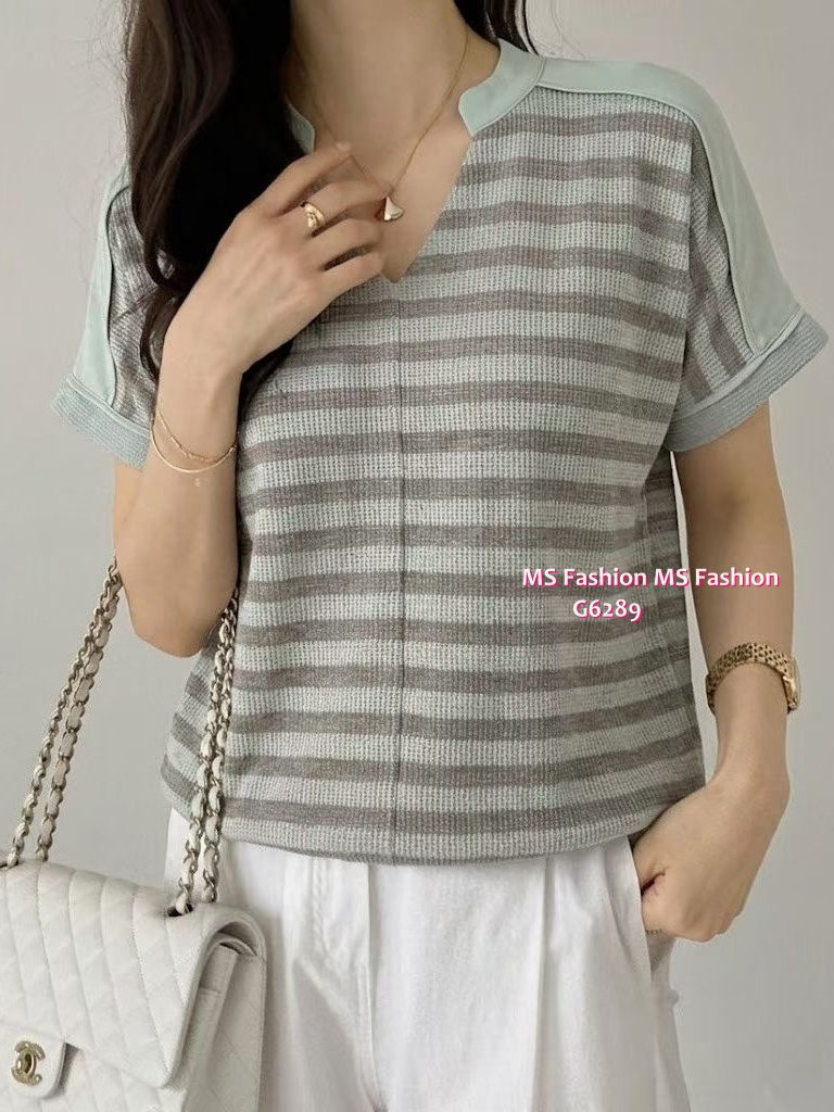 G6289 韓國🇰🇷V領橫間拼布top