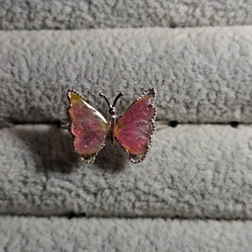 Candy tourmaline butterfly ring, adjustable sterling silver (B) - TR279